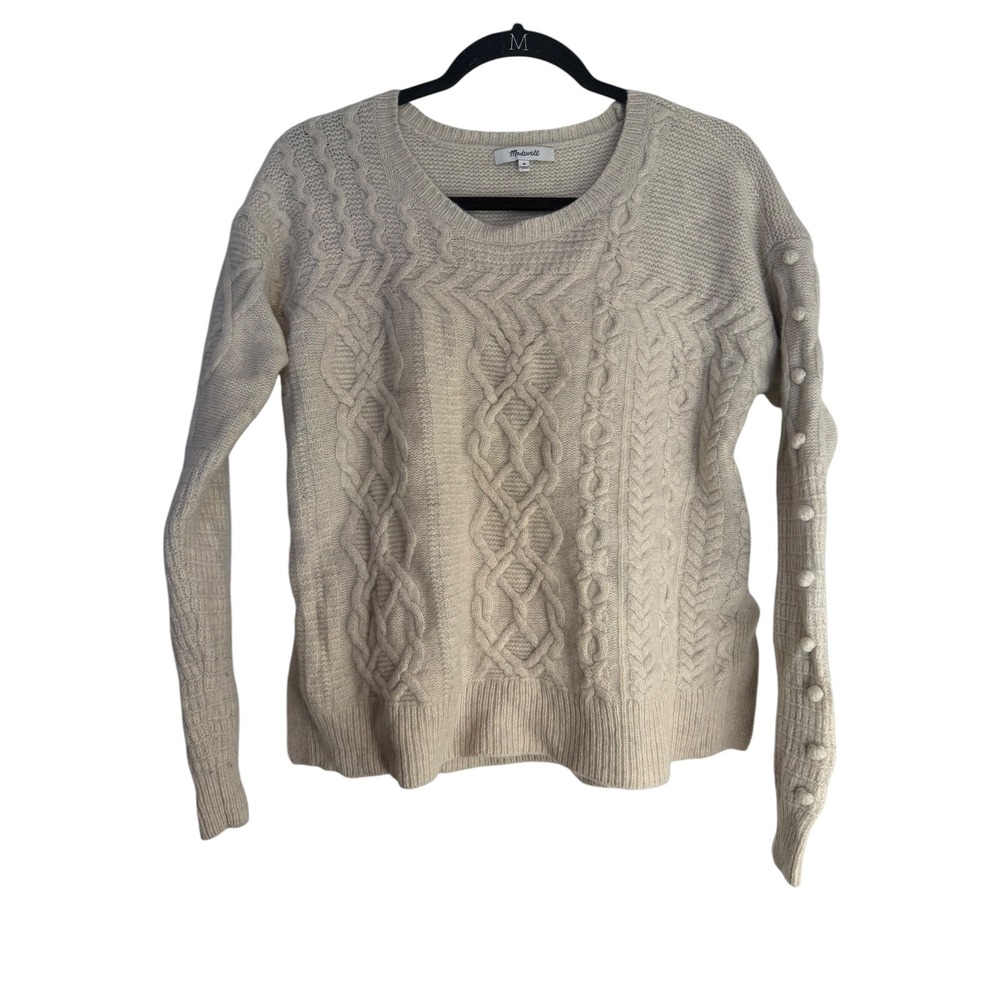 Madewell Womens Cable Knit Bobble Sleeve Sweater Oatmeal Beige Crew Neck Medium
